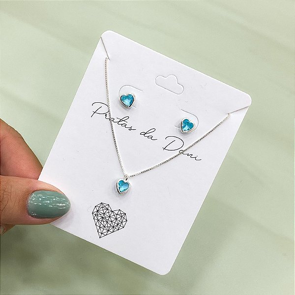 Conjunto Prata Coração Mini Zircônia Azul Claro