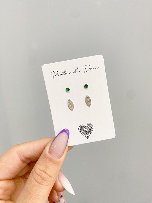 Mix Brincos Folha e Pedrinha Verde em Prata