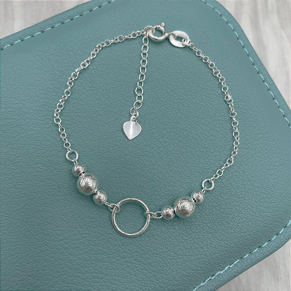 Pulseira Círculo Vazado e Bolas em Prata