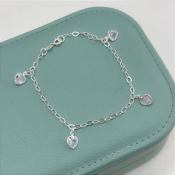 Pulseira Prata com Pingentes Coração Zircônia