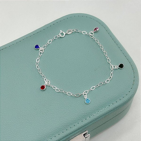 Pulseira Prata Pingentes Pedrinhas Coloridas