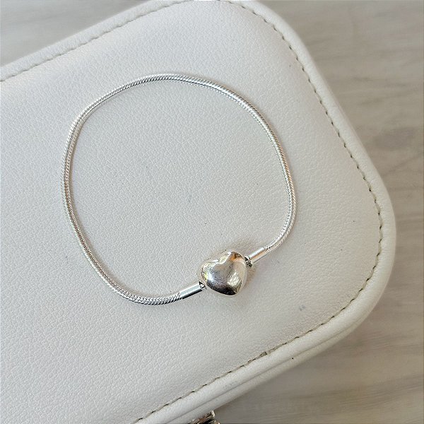 Pulseira para Berloques com Fecho Coração Liso Prata