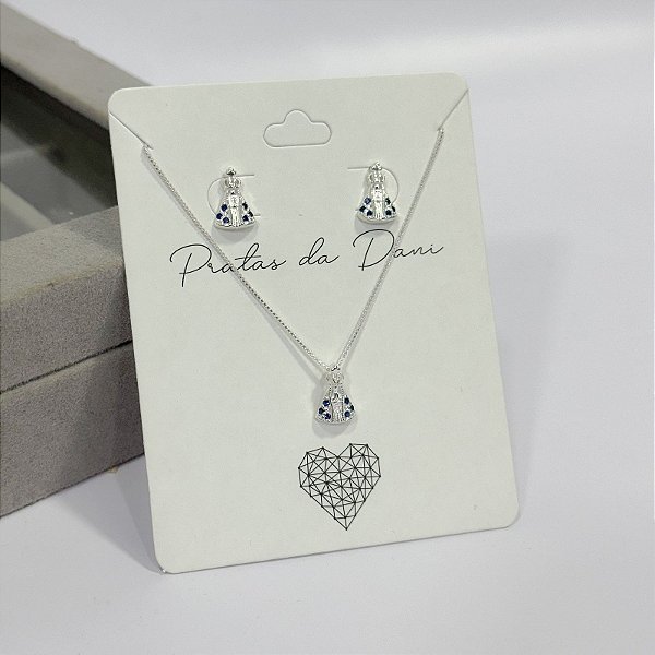 Conjunto Nossa Senhora Aparecida em Prata Cravejado com Zircônias