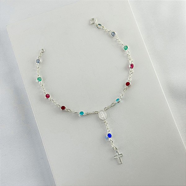 Pulseira Terço em Prata com Pedras Coloridas