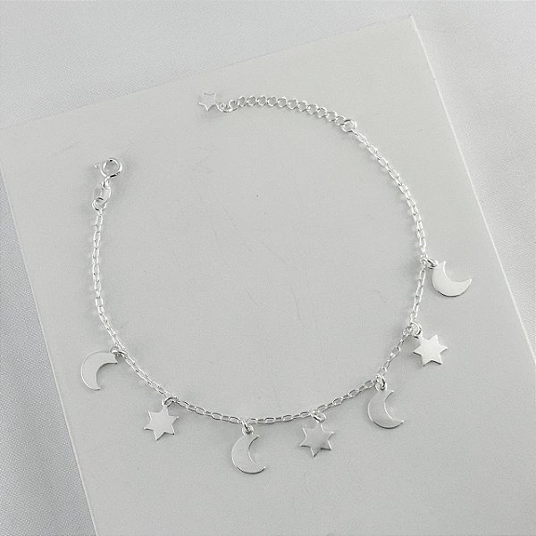 Pulseira Prata com Pingentes de Lua e Estrela