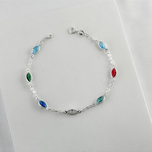 Pulseira Prata com Pedras Navete Coloridas