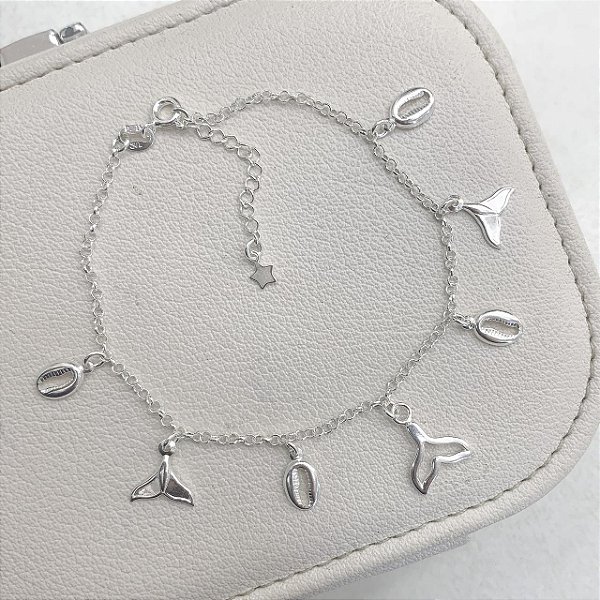 Pulseira Pingentes de Búzios e Cauda de Sereia em Prata