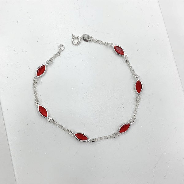 Pulseira Zircônias Navetes Vermelhas em Prata