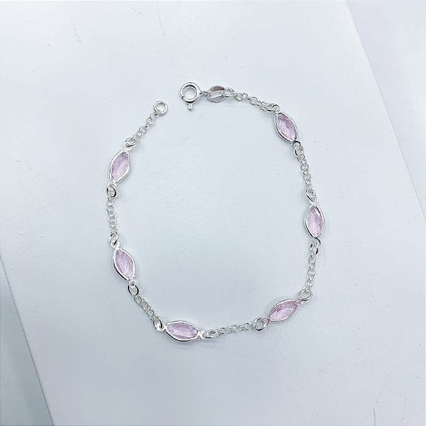 Pulseira Zircônias Navetes Rosa em Prata