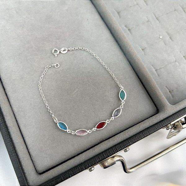 Pulseira Zircônias Navetes Coloridas em Prata