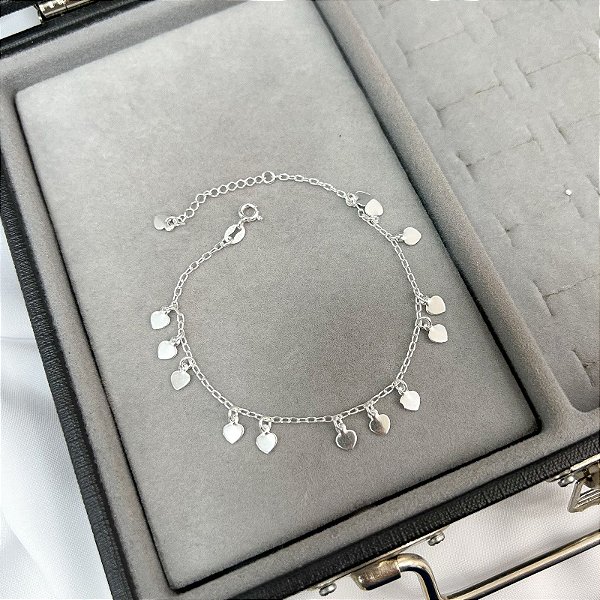 Pulseira de Prata Pingentes Corações