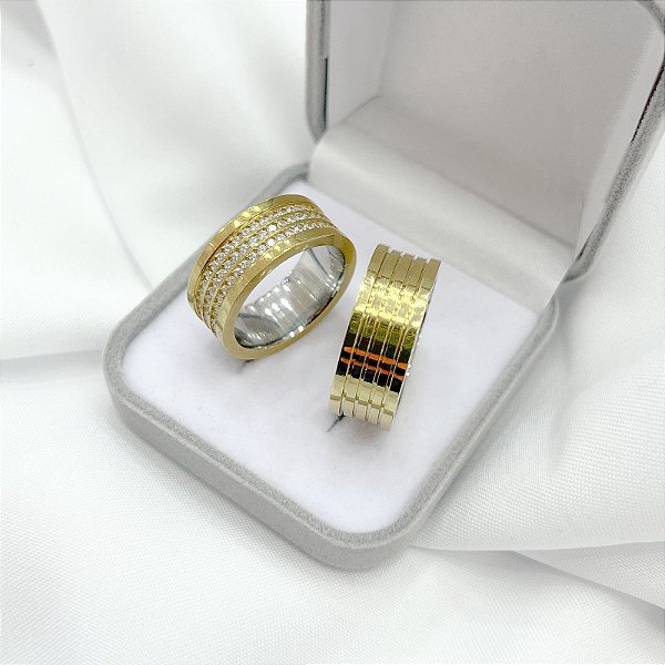 Alianças 9mm Cravejada Reta Friso Estilo Bvlgari Moeda Antiga com Aço Inox