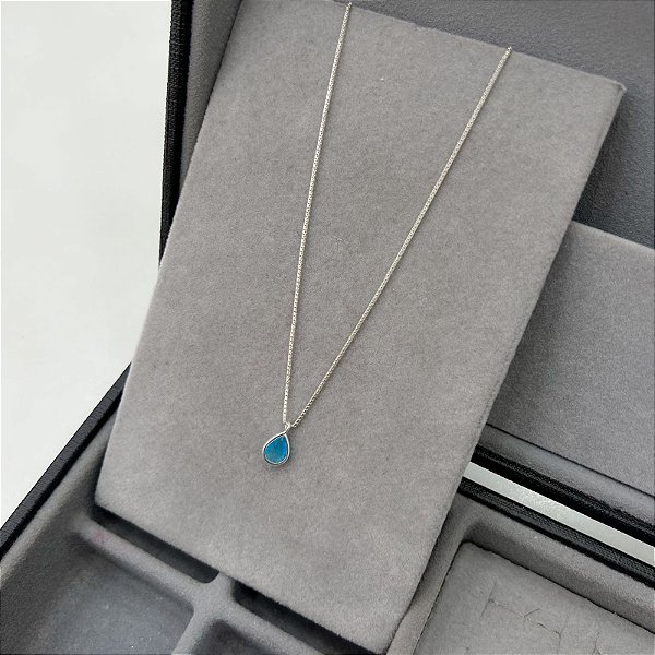 Colar Ponto de Luz Gota Azul Claro em Prata