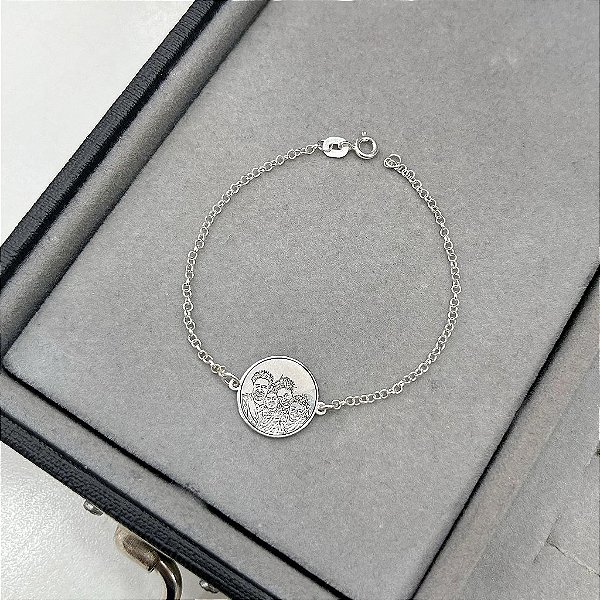 Pulseira Medalha Redonda Foto Gravação em Prata