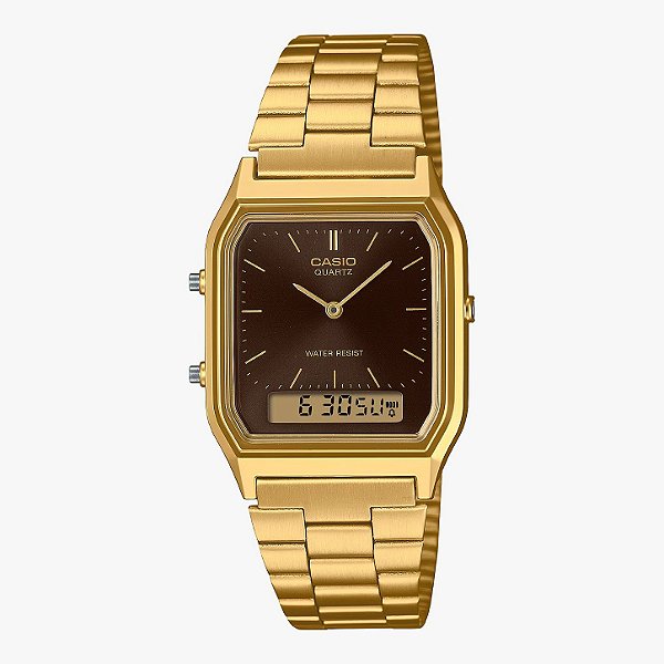 Relógio Casio Dourado Vintage Unissex AQ-230GA-5AMQY Fundo Marrom