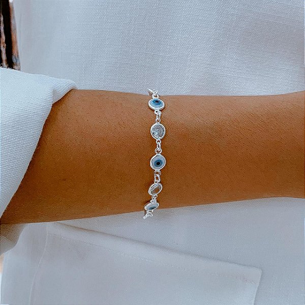 Pulseira Prata Olho Grego com Pedras de Zircônia