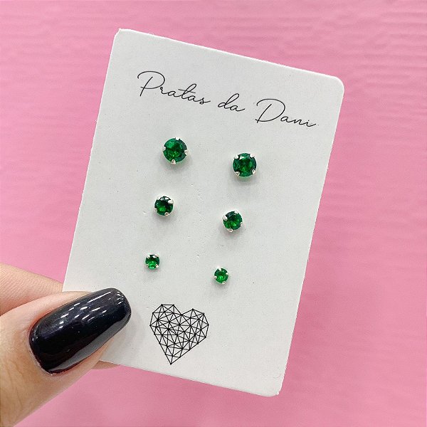 Mix de Brincos de Zircônia Cor Esmeralda em Prata