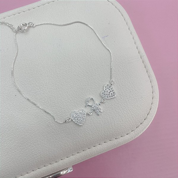 Pulseira Menino e 2 Corações Cravejados em Prata