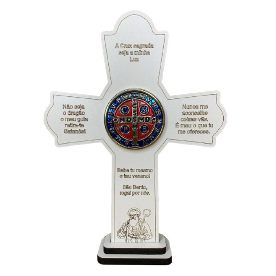 Crucifixo MDF Branco São Bento 31x15 cm