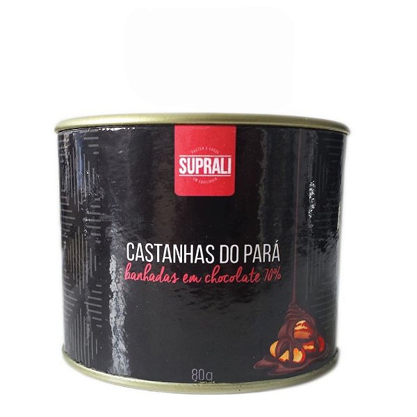 Lata castanhas do Pará drageadas em chocolate 70% cacau (80g)