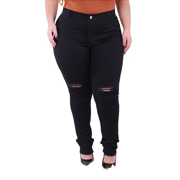 Calça jeans feminina plus size preta rasgada - Ninas boutique