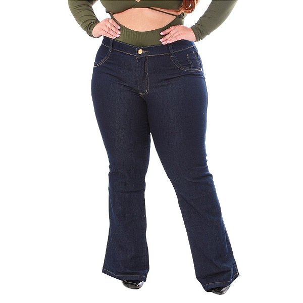 Calças jeans flare boca larga cintura alta plus size - Ninas boutique