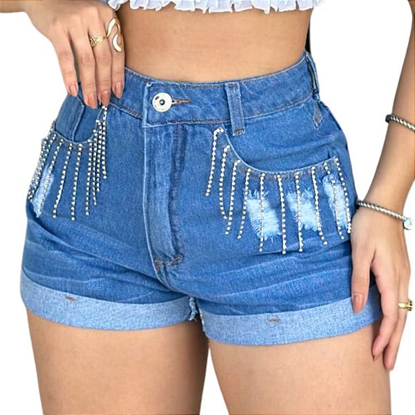 Short Cintura Alta em Jeans com Franjas e Puídinhos Azul