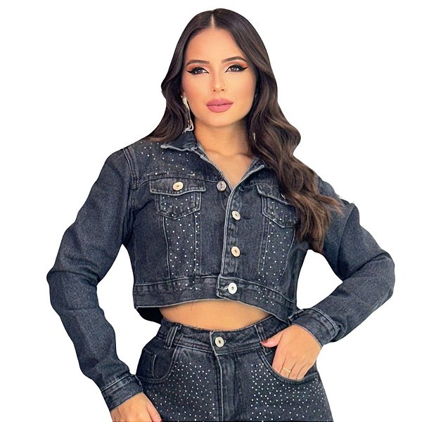 Jaqueta Jeans Cropped Preta Com Pedraria