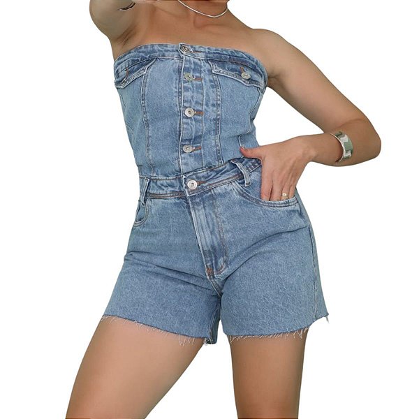 Macaquinho Jeans  tomara que caia com botões