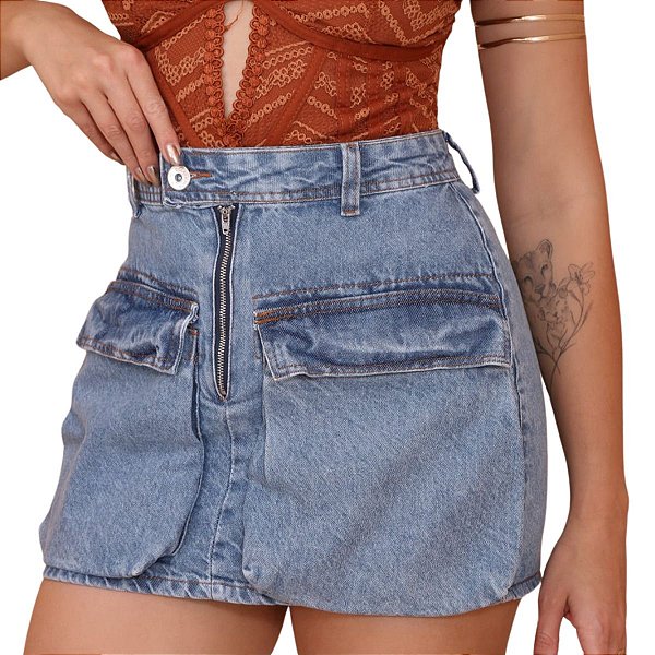 Saia Jeans Cargo Com Bolsões