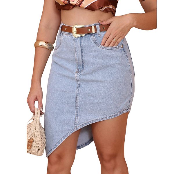 Saia Jeans Assimetrica Com Cinto