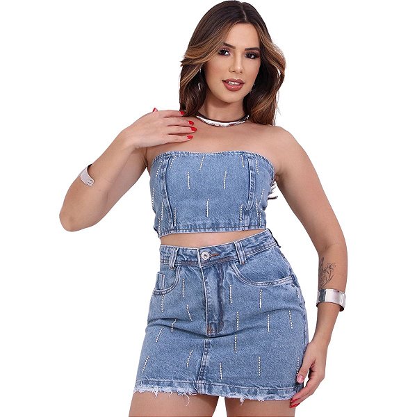 Conjunto Saia Jeans Claro + Cropped Ref.5054