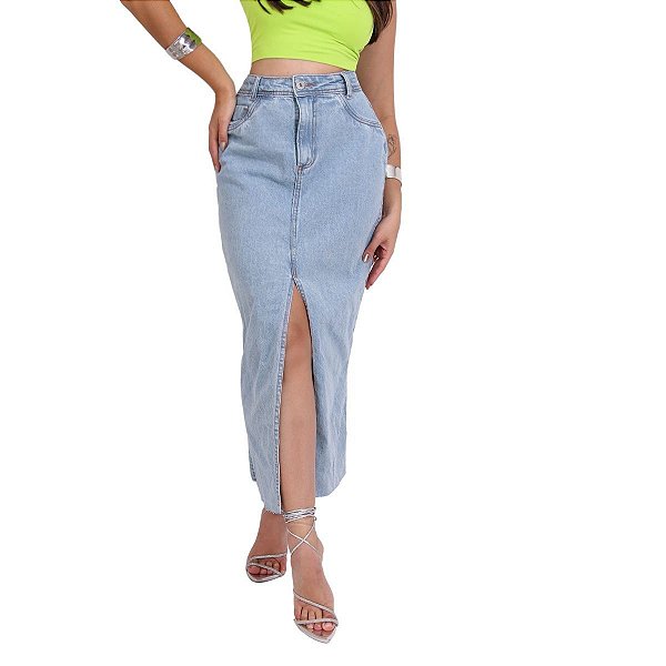 Saia Midi Jeans Clara Com Fenda