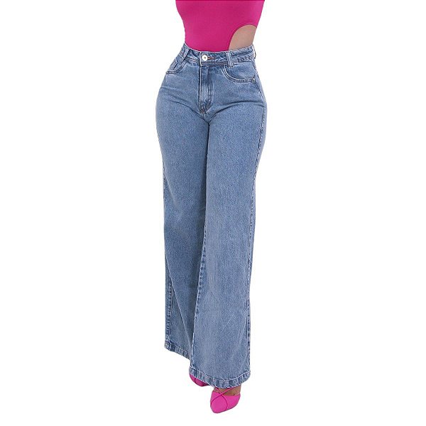 Calça Wide Leg Reta pantalona com Lavagem Manchada