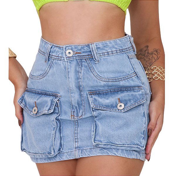 Saia Jeans Cargo Cintura Alta Com Bolsões