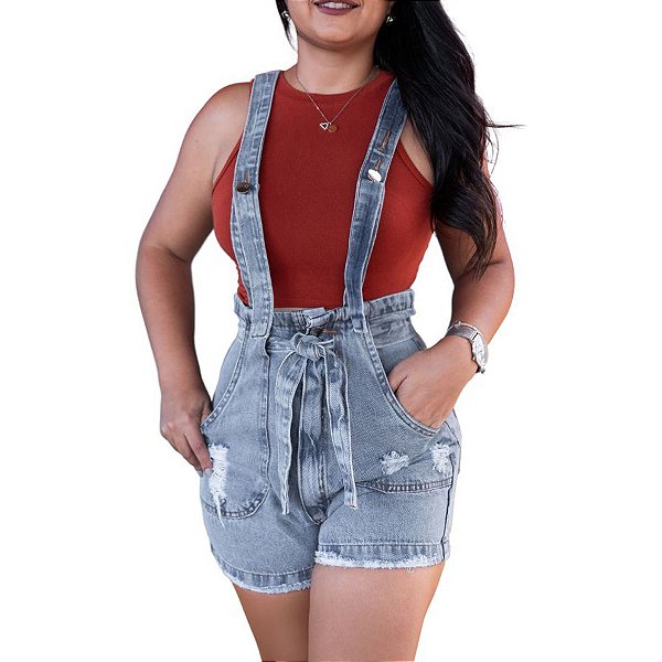 Salopete Jeans Feminino Shorts Com Suspensorio