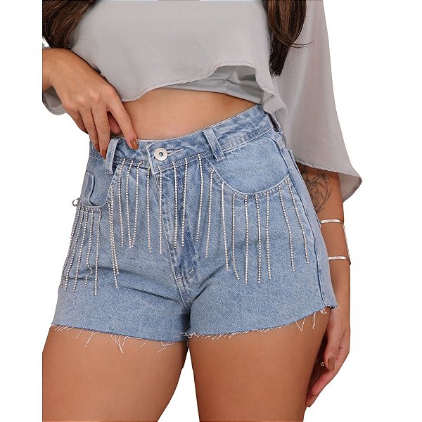 Shorts Jeans Com Franja De Strass Cintura Alta Moda Boho