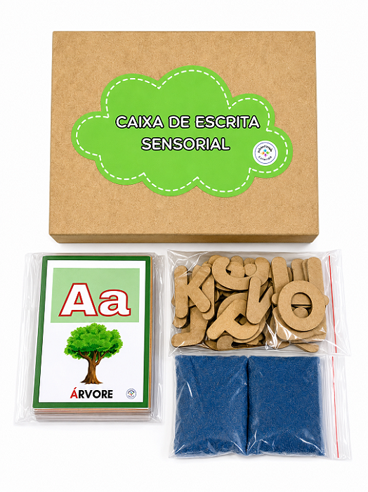 Caixa de escrita sensorial com alfabeto móvel ilustrado e letras em MDF