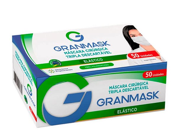 MÁSCARA DESCARTÁVEL GRANMASK TRIPLA CAMADA BRANCA COM ELÁSTICO c/ 50 Unidades