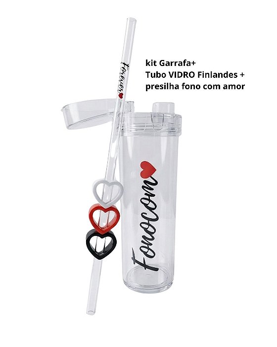 KIT Tubo Ressonância ETVSO Finlândes de Vidro + Garrafa Transparente + Presilha Medidora Coração - Marca: FonoComAmor®