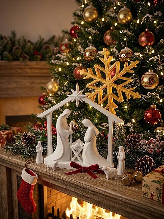 Presépio de Natal 3D 11cm Peça Única - Sagrada Família com Estrela de Belém - Não Quebra e Não Desmonta Decoração Natal