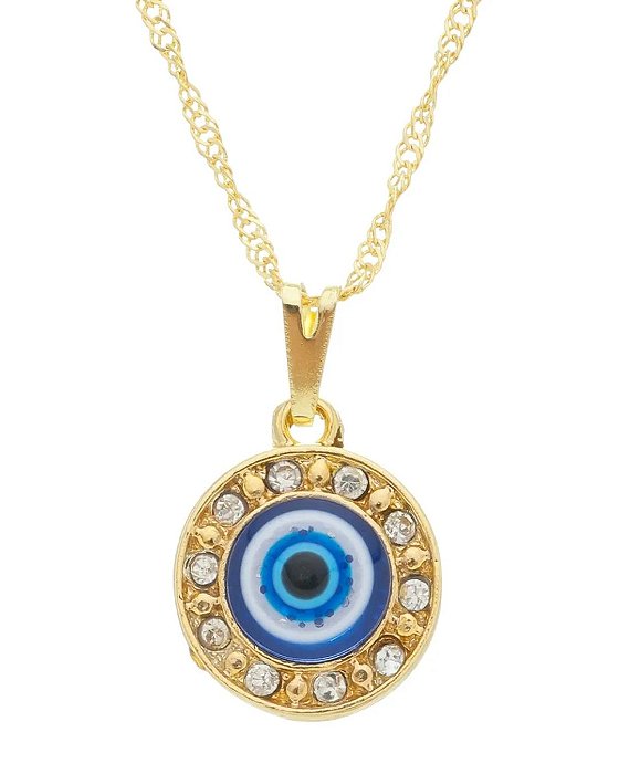 Colar com olho grego circulo com strass dourada