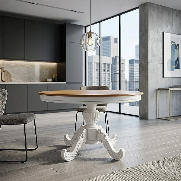 Mesa de Jantar Medalhão Entalhada 110cm - Branco/Imbuia - Alto Padrão Móveis.