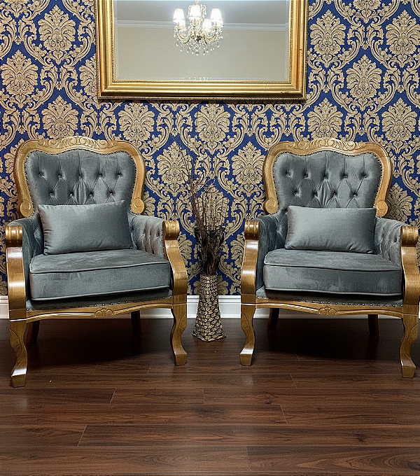 Conjunto com 02 Poltronas Imperador - Imbuia/Cinza - Alto Padrão Móveis.