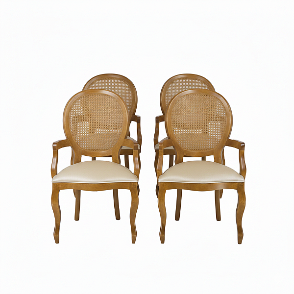 Conjunto 04 Cadeiras Medalhão com Braço - Imbuia/Pérola - Alto Padrão Móveis