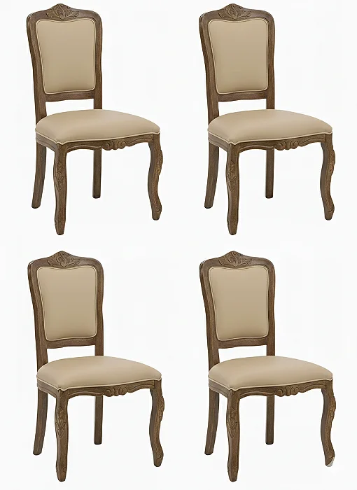 Conjunto 04 Cadeiras Luiz XV - Imbuia Envelhecido/Bege - Alto Padrão Móveis.