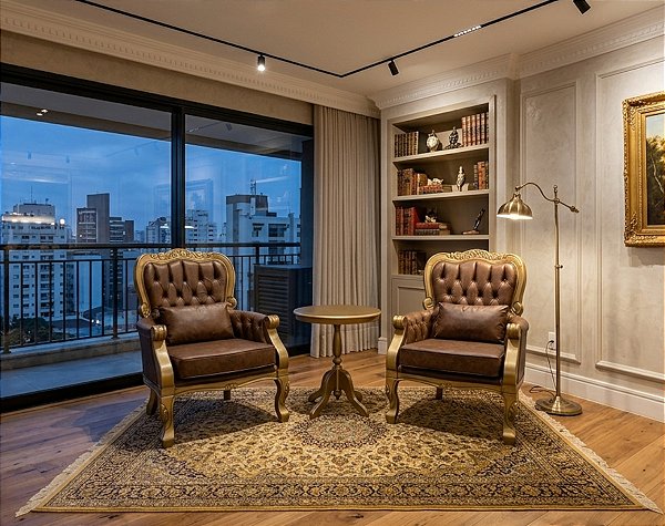 Conjunto Poltronas Imperador com Mesa Apoio Ouro Envelhecido
