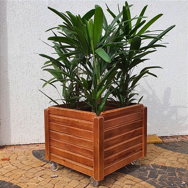 Vaso Cachepot de Madeira com Rodas Verniz Natural para Sala