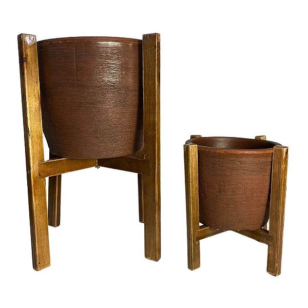 Conjunto de Vaso de Planta com Suporte de Madeira Decorativo