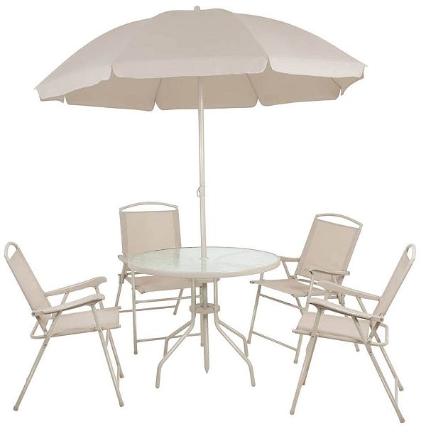 Conjunto de Mesa com 4 Cadeiras e Guarda Sol Para Jardim